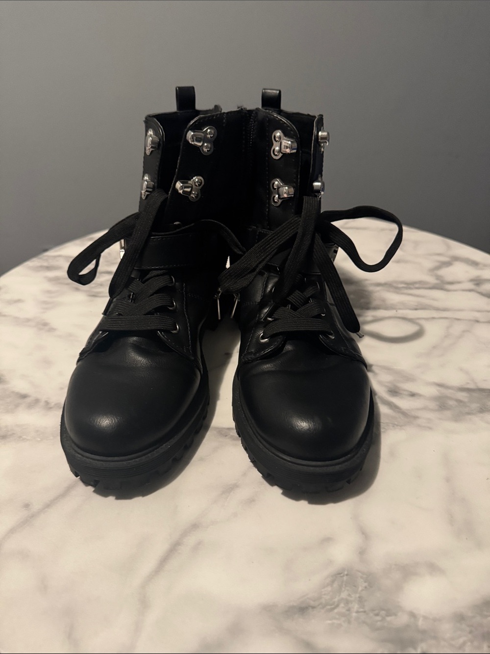 Calvin Klein Black Leather Combat Boots with Silver Hardware